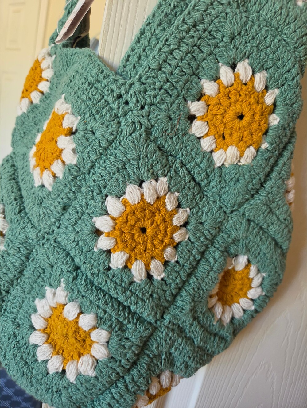Handmade Crochet Daisy Tote in Teal, Mustard & White